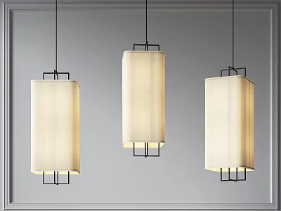 Three Cream Colored Fabric Pendant Lights with Black Metal Geometric Frames Hanging on Gray Wall 3d model