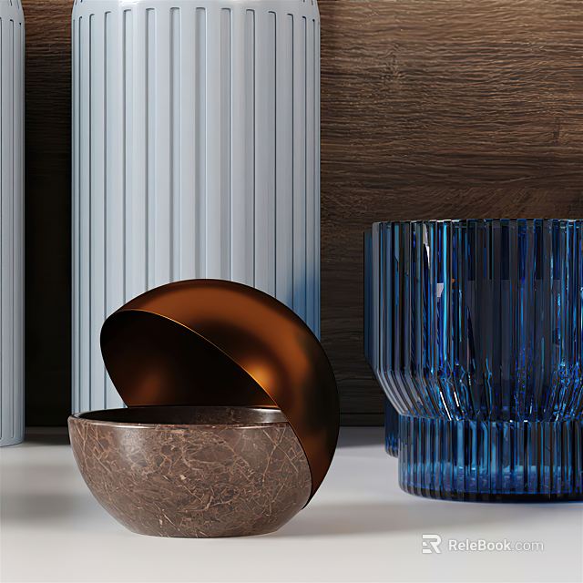 Modern Ceramic Vessels With Ribbed Blue And Textured Brown Designs For Home Decor 3d model 