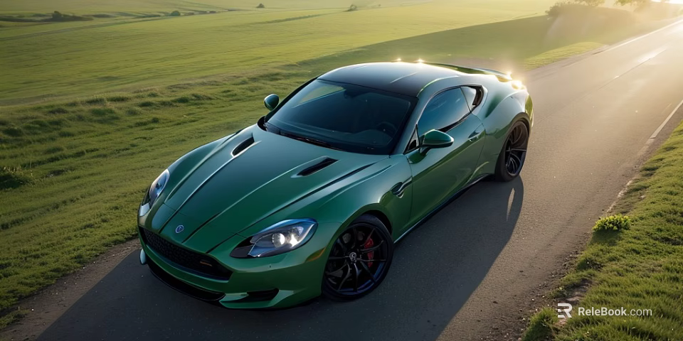 Green Sports Car Parked On Rural Road With Sunlit Green Fields Around 3d model 