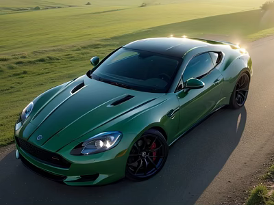 Green Sports Car Parked On Rural Road With Sunlit Green Fields Around 3d model