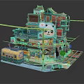 Colorful Multi Level Building 3D Model With Panda Graphic Yellow Tram And Balconies