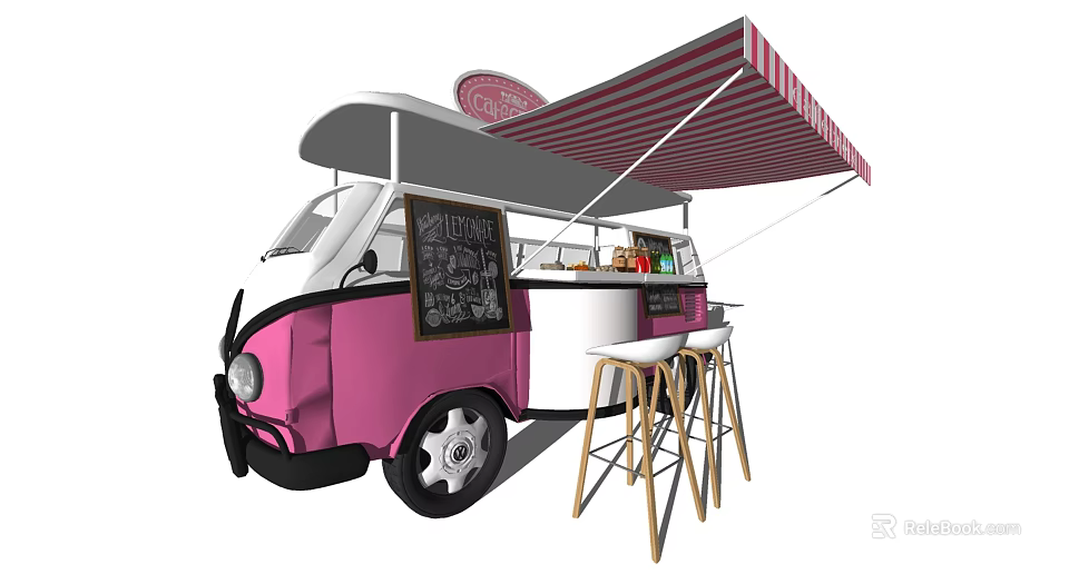 Pink Food Truck With Red Striped Awning Chalkboard Menu Bar Counter And Bar Stools 3d model 