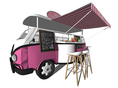 Pink Food Truck With Red Striped Awning Chalkboard Menu Bar Counter And Bar Stools 3d model