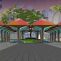 Colorful Pergola With Vibrant Roof And Blue Beams Surrounded By Palm Trees Pool And Greenery