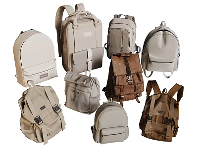 Stylish Assorted Backpacks In Beige Gray Brown With Multiple Sizes And Pockets 3d model