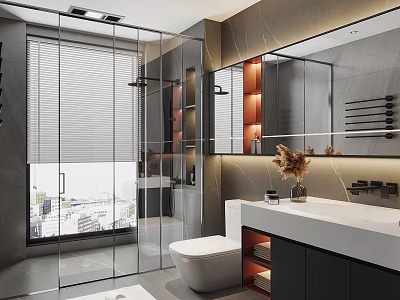 Modern Bathroom Interior With Glass Shower Enclosure Blinds Large Mirror And Marble Countertop 3d model