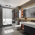 Modern Bathroom Interior With Glass Shower Enclosure Blinds Large Mirror And Marble Countertop