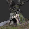 Ancient Arbor With Hollow Trunk And Moss Covered Surface Near Stone Pathway 3d model