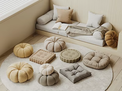 Cozy Living Corner With Various Cushions Round Rug And Daybed 3d model