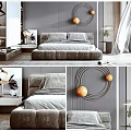 Modern Bedroom Interior With Gray Walls Circular Decor Plush Headboard And Nightstand Plants