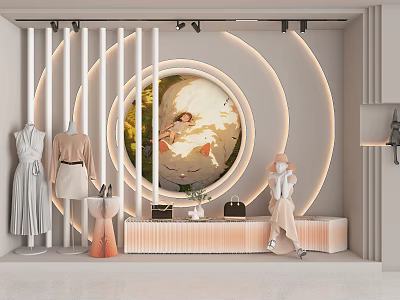 Stylish Clothing Store Interior With Mannequins Fashion Outfits Circular Art Painting And Lighting 3d model