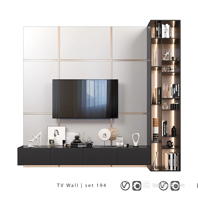 Modern TV Background Wall With White Panels Gold Accents Side Bookshelf And Decorative Items 3d model 