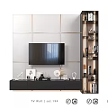 Modern TV Background Wall With White Panels Gold Accents Side Bookshelf And Decorative Items