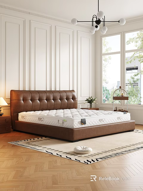 Elegant Double Bed With Brown Leather Button Tufted Headboard White Mattress Nightstand And Table Lamp 3d model 