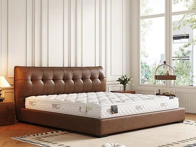 Elegant Double Bed With Brown Leather Button Tufted Headboard White Mattress Nightstand And Table Lamp 3d model