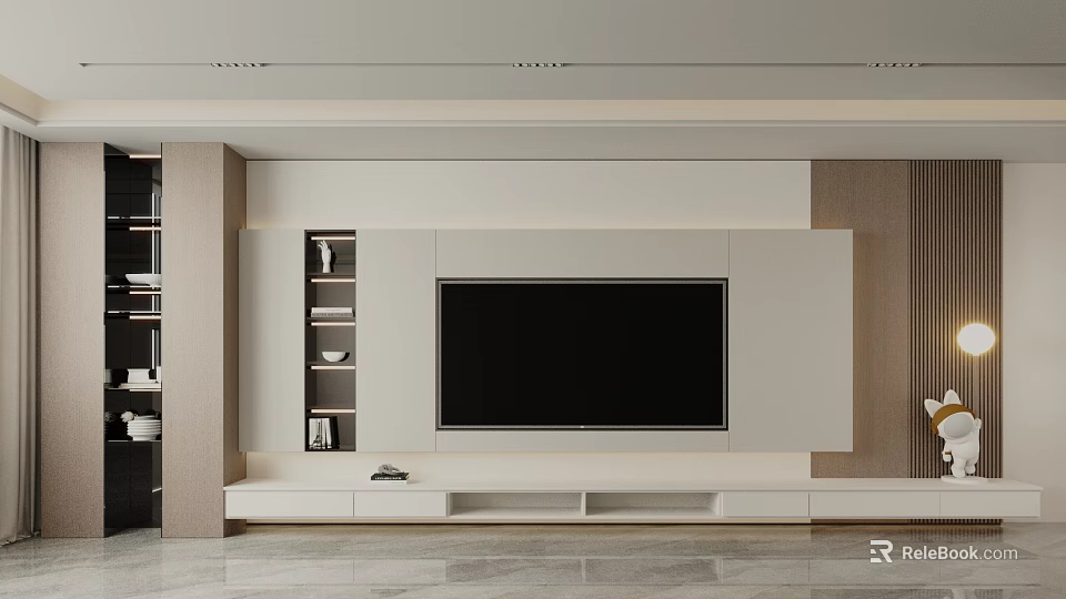 Modern Living Room Interior With Minimalist TV Wall Floating Shelves And Neutral Tones 3d model 