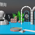 Live Stream Studio With Blue Floor Cloud Decorations Arched Doorways Green Plants And Dressing Tables