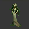 Cartoon Style Woman With Long Brown Curly Hair In Light Colored Dress Posing