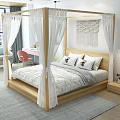 Modern Canopy Double Bed with Wooden Frame White Curtains and Macrame Hanging