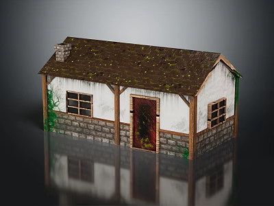 Small Cottage Exterior With Brown Mossy Roof White Walls Red Door And Reflection 3d model