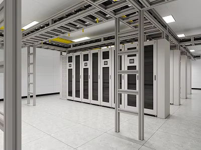 Data Center Interior With Server Racks Metal Frames White Walls Gray Floor And Ceiling Lights 3d model