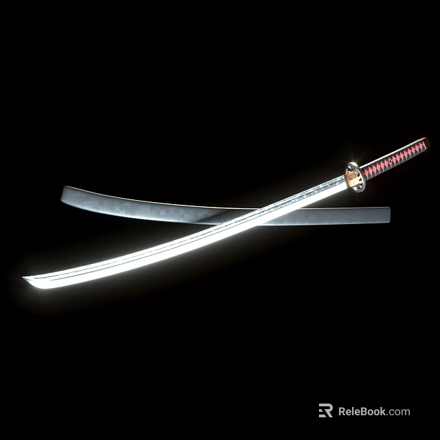 Traditional Japanese Samurai Sword With Curved Blade And Red Black Handle Silver Metal 3d model 