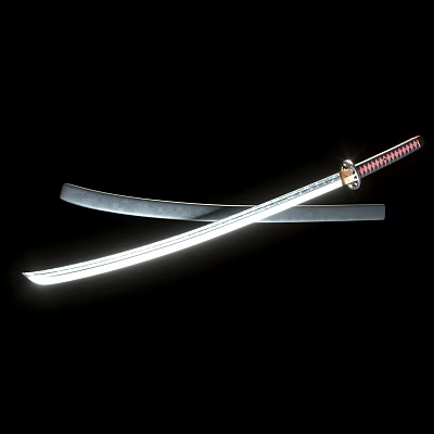 Traditional Japanese Samurai Sword With Curved Blade And Red Black Handle Silver Metal 3d model