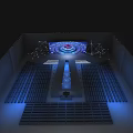 Modern Tech Inspired Ballroom with Geometric Lines Blue Red Circular Installation and Illuminated Steps