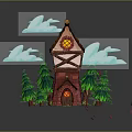 Fairy Tale Style Cottage With Blue Roof Red Brick Walls Wooden Beams Pine Trees And Clouds
