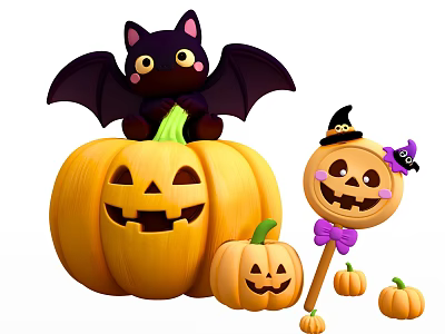 Halloween Decorations Set With Black Bat Cat Jack O Lantern And Witch Hat Lollipop Pumpkin 3d model