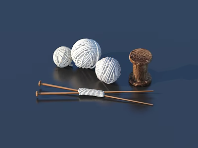 Essential Knitting Supplies With Soft White Yarn Balls Wooden Spool And Long Needles 3d model