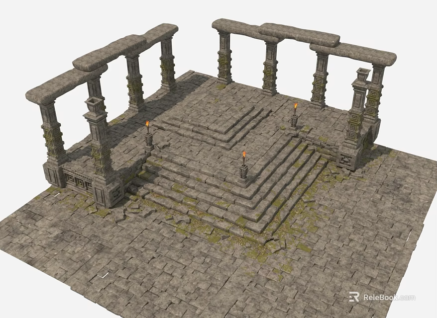 Ancient Garden Structure With Moss Covered Columns Stone Steps And Pavement 3d model 