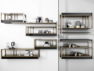 Modern Floating Wall Cabinets Design With Open Shelves And Decorative Items 3d model