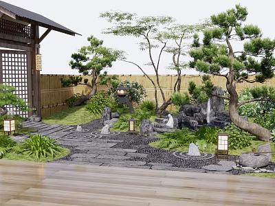 Japanese Courtyard Garden With Wooden Structures Stone Arrangement Pine Trees and Lanterns 3d model