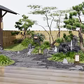 Japanese Courtyard Garden With Wooden Structures Stone Arrangement Pine Trees and Lanterns