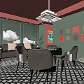 Hotel Mahjong Room Interior With Pink Ceiling Green Walls Decorative Paintings And Geometric Floor