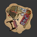 Beach Style Mobile Stall With Straw Canopy Surfboard Clay Pots And Wooden Barrel