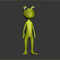 Cute Green Cartoon Frog 3D Model Standing With Big Eyes And Smiling Expression
