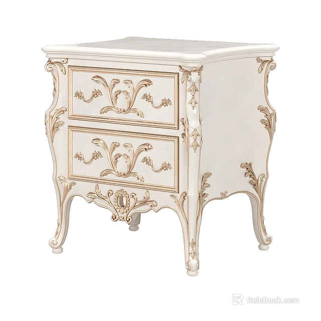 Elegant White Nightstand With Ornate Carvings Gold Accents And Drawers 3d model 