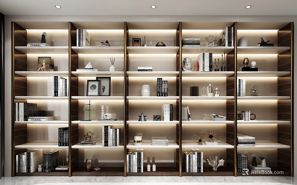 Modern Display Shelves With Layered Design Lighting And Decorative Items Books Vases Photo Frames 3d model 