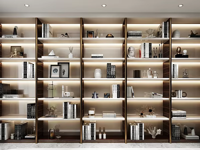 Modern Display Shelves With Layered Design Lighting And Decorative Items Books Vases Photo Frames 3d model