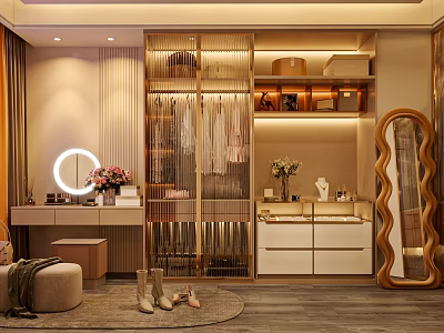 Modern Closet Interior With Hanging Clothes Storage Cabinets And Decorative Mirror 3d model