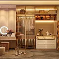 Modern Closet Interior With Hanging Clothes Storage Cabinets And Decorative Mirror