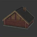 Log Cabin With Gray Sloped Roof Brick Chimney And Wooden Log Walls