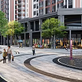 Modern Commercial Street With Wooden Entrance Arch High Rise Buildings Shops Green Trees And Pedestrians