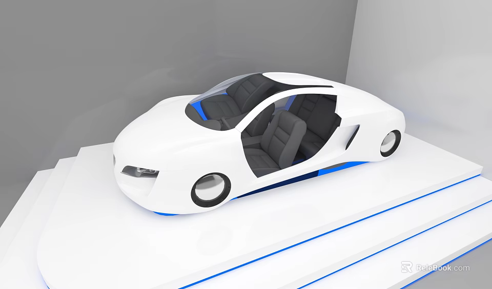 Car Showroom Featuring White Modern Car Open Doors Black Seats On Blue Line Display Platform 3d model 