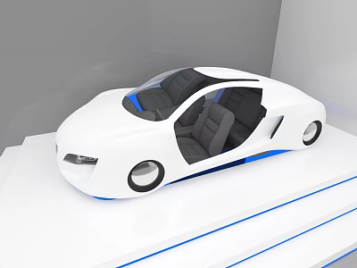 Car Showroom Featuring White Modern Car Open Doors Black Seats On Blue Line Display Platform 3d model