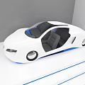 Car Showroom Featuring White Modern Car Open Doors Black Seats On Blue Line Display Platform