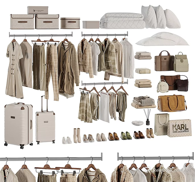 Stylish Clothes Collection With Hangers Matching Bags Shoes And Suitcases In Neutral Tones 3d model 