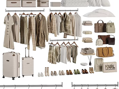 Stylish Clothes Collection With Hangers Matching Bags Shoes And Suitcases In Neutral Tones 3d model